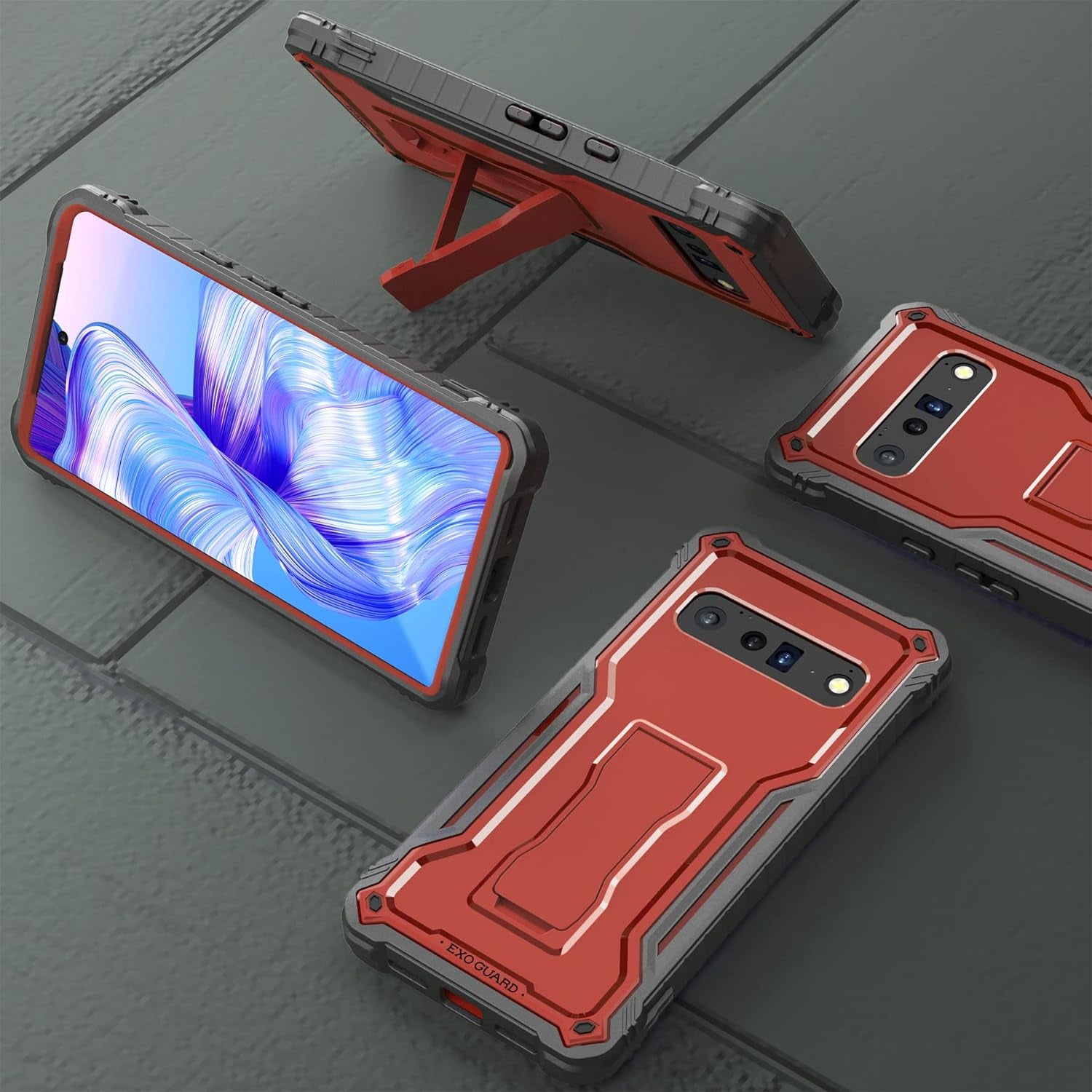 Exoguard for Google Pixel 6 Pro Case, Rubber Shockproof Heavy Duty Phone Case Built-In Kickstand, No Screen Protector (Red)  ExoGuard   