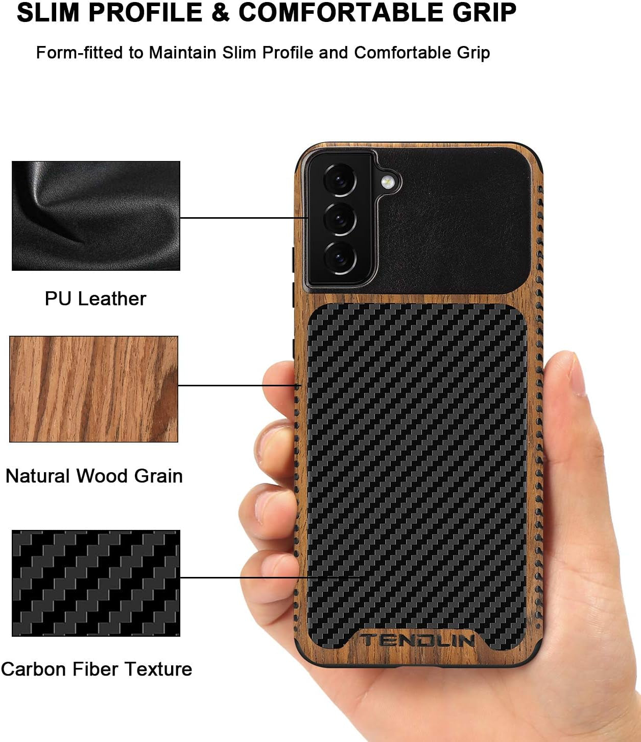 TENDLIN Compatible with Samsung Galaxy S21 Case Wood Grain with Carbon Fiber Texture Design Leather Hybrid Case Black  TENDLIN   