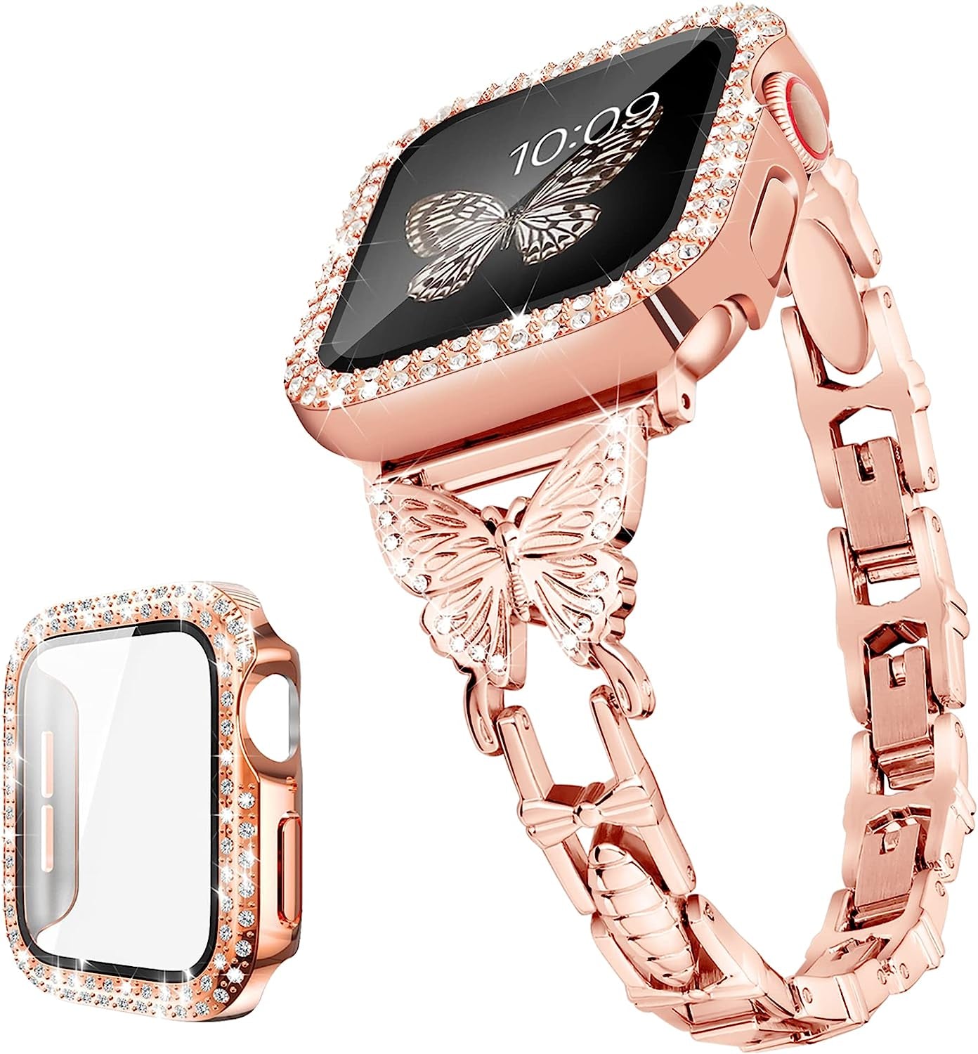 Wipalor Compatible with Apple Watch Band 42Mm 44Mm 45Mm 49Mm, Lightweight for Women, Easy Adjustable Bracelet, Shiny Diamond on Butterfly, Jewelry Metal Strap for Iwatch Series 8 7 6 5 4 3 2 1 SE Ultra(Rose Gold)  NB-tech Company Twinkling Case&Rose Gold Band Case+Band 40mm 