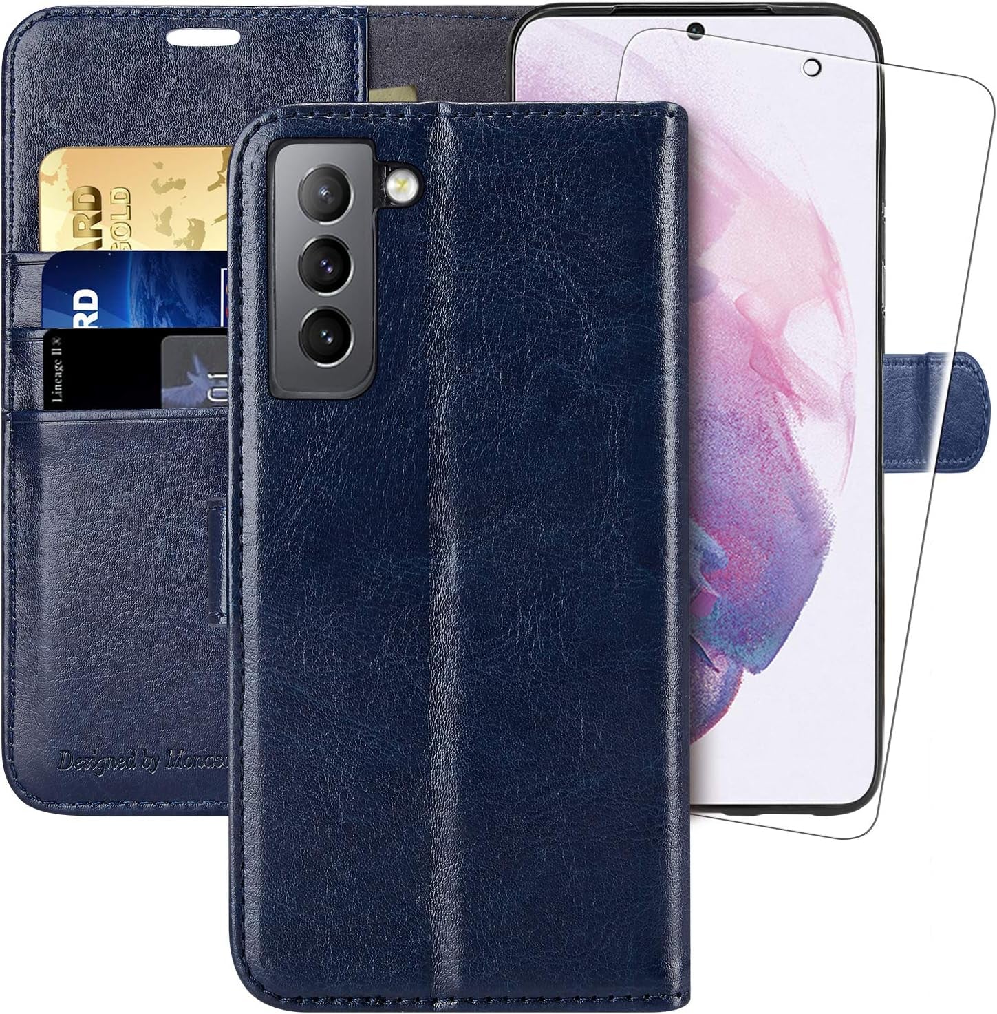 MONASAY Wallet Case for Galaxy S21+Plus 5G, 6.7 Inch [Screen Protector Included][Rfid Blocking] Flip Folio Leather Cell Phone Cover with Credit Card Holder, Lavenders  MONASAY Blue  