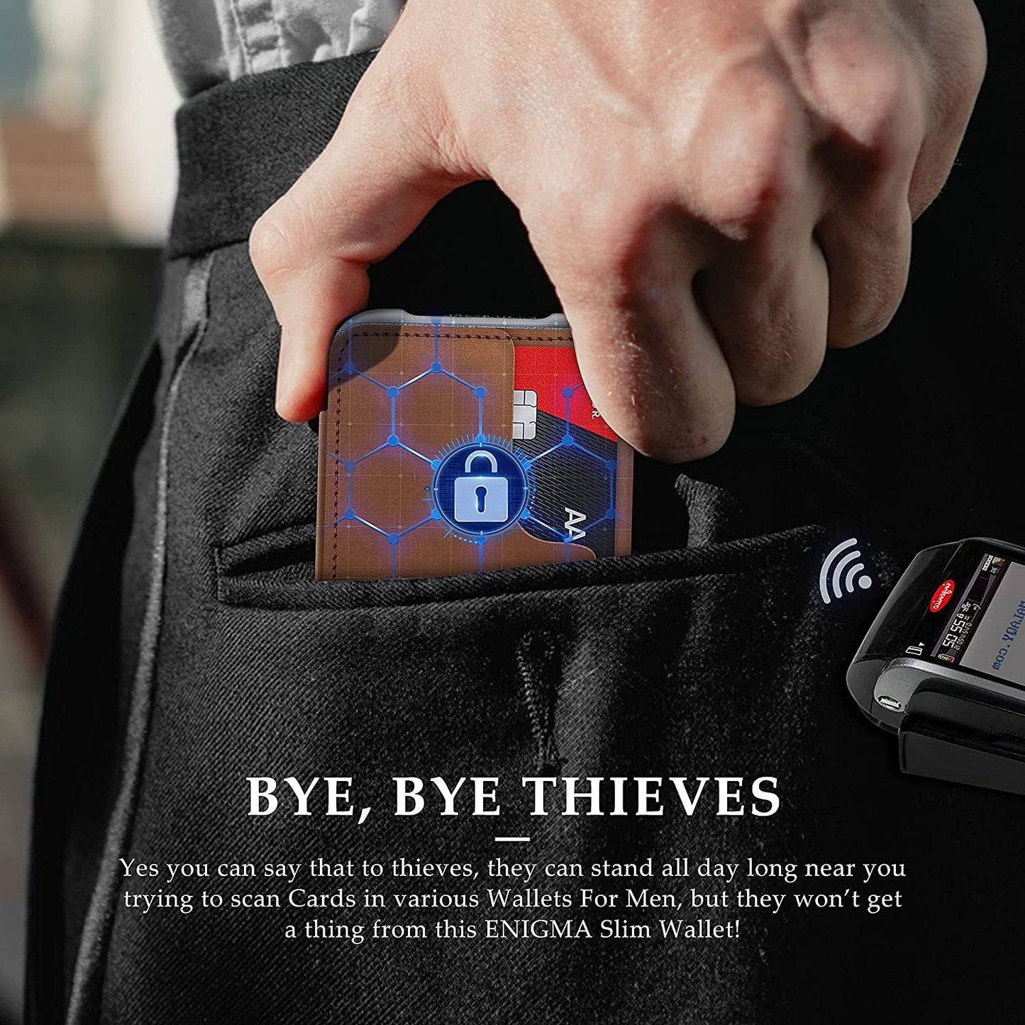 MURADIN Chocolate Front Pocket Wallet for Men Travel Tactical Bifold RFID Blocking Aluminum Metal Leather Money Cards Holder Ideal Men'S Gift  ENIGMA   