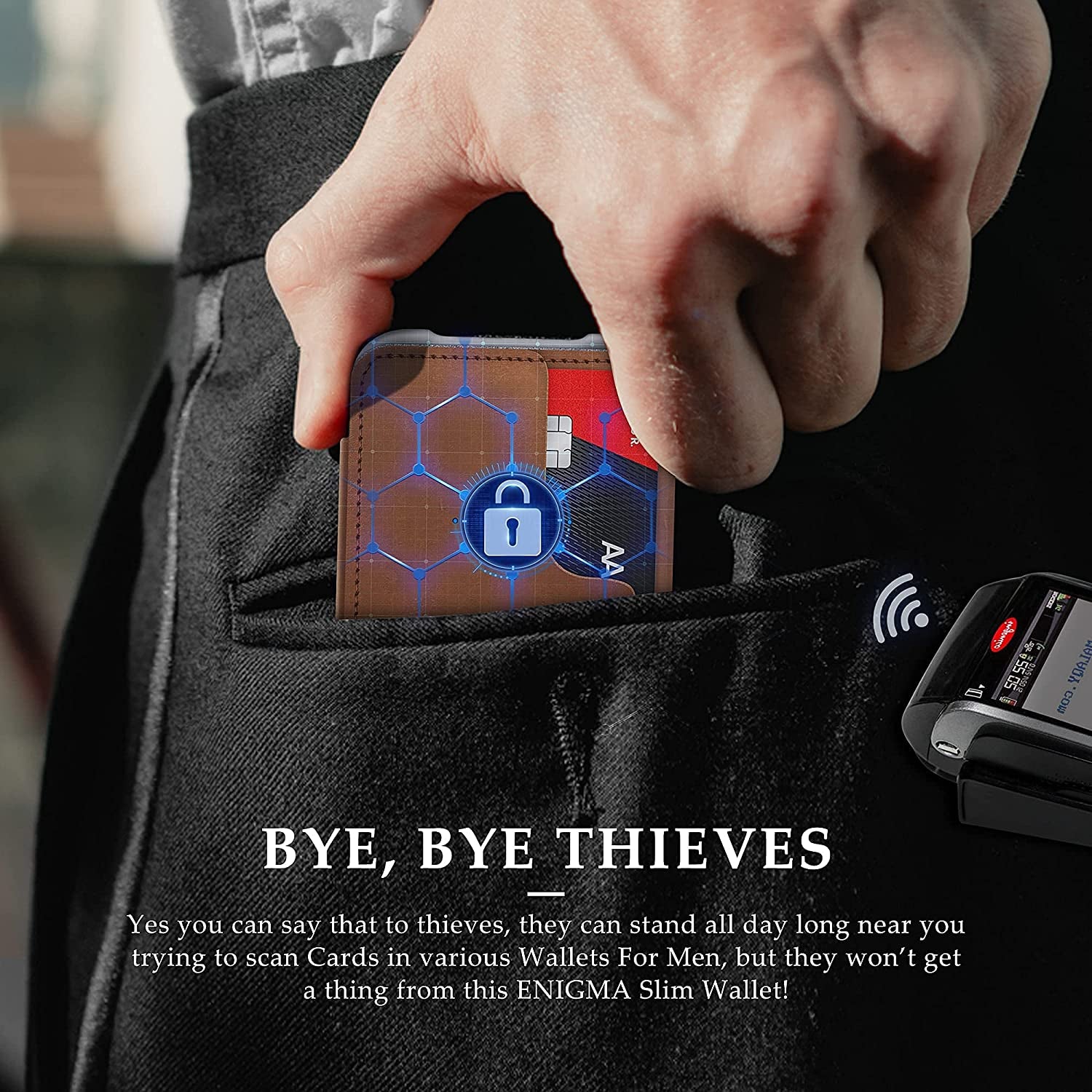 MURADIN Chocolate Front Pocket Wallet for Men Travel Tactical Bifold RFID Blocking Aluminum Metal Leather Money Cards Holder Ideal Men'S Gift  ENIGMA   