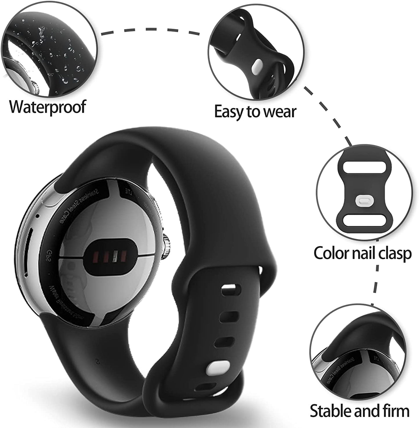 BMINEN Bands 4 Pack for Google Pixel Watch Band, Soft Silicone Wristband Women Men Waterproof Sport Strap Band for Google Pixel Watch 2022 (L, 4PACS-A-L)  BMINEN   