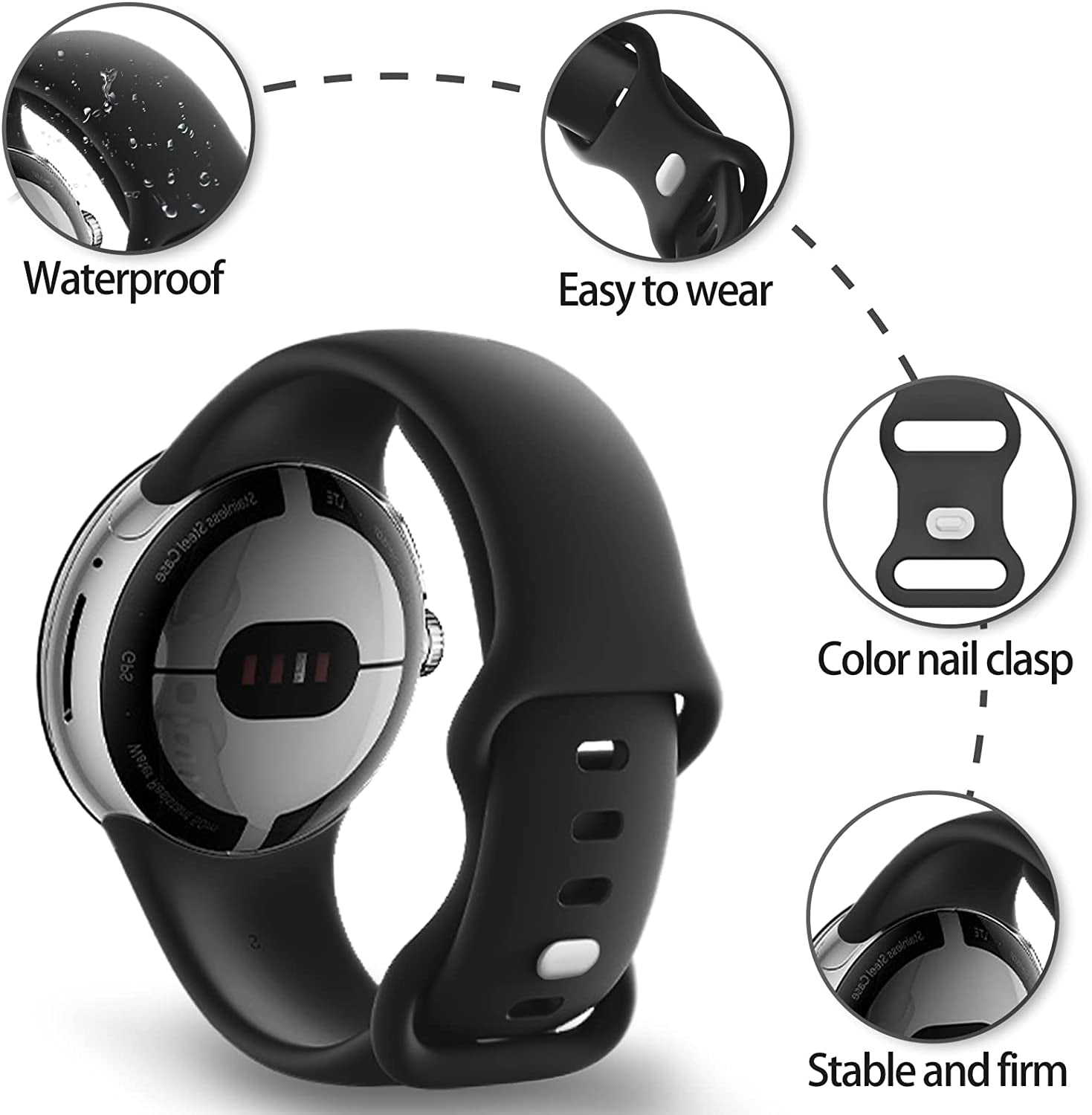 BMINEN Bands 4 Pack for Google Pixel Watch Band, Soft Silicone Wristband Women Men Waterproof Sport Strap Band for Google Pixel Watch 2022 (L, 4PACS-A-L)  BMINEN   