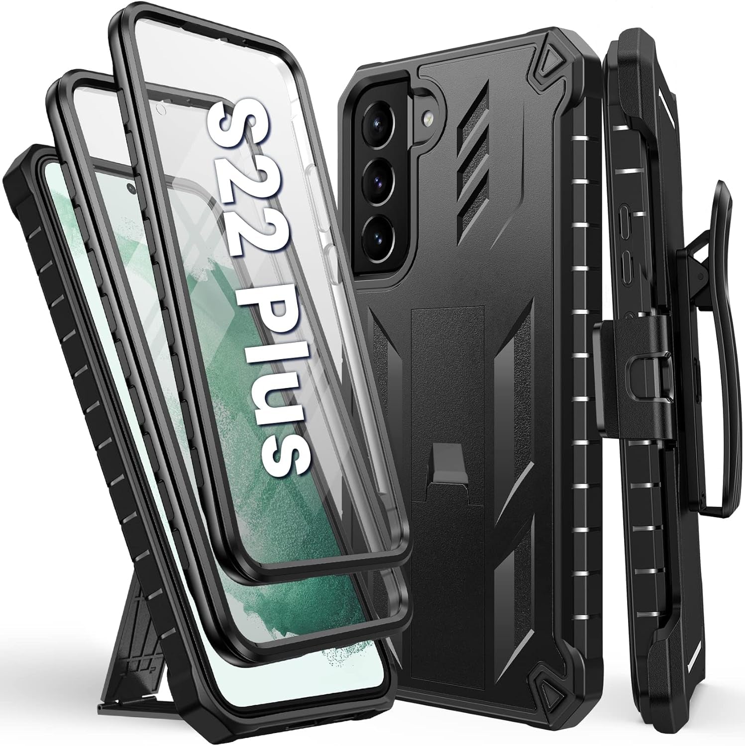 FNTCASE for Samsung Galaxy S22 plus Case: Shockproof Durable S22+ Cell Phone Cover with Built-In Kickstand | TPU Bumper Textured | Full-Body Protective Rugged Belt-Clip Holster Designed Black  DAMAI   