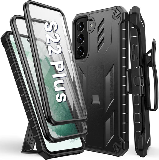 FNTCASE for Samsung Galaxy S22 plus Case: Shockproof Durable S22+ Cell Phone Cover with Built-In Kickstand | TPU Bumper Textured | Full-Body Protective Rugged Belt-Clip Holster Designed Black  DAMAI   