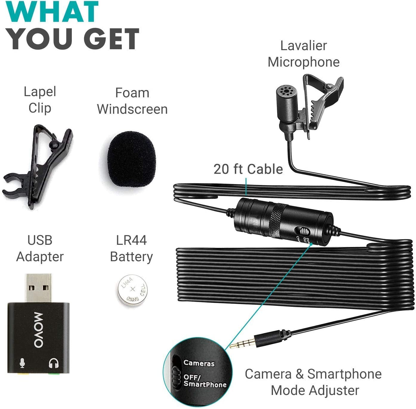 Movo LV1-USB Lavalier Microphone for Computer, Lapel Microphone for Iphone and Android Smartphones, Lav Mic, Clip on Microphone for 3.5Mm, USB, Laptop, Desktop, PC, Mac, Cameras, Podcasting, Youtube  Movo   