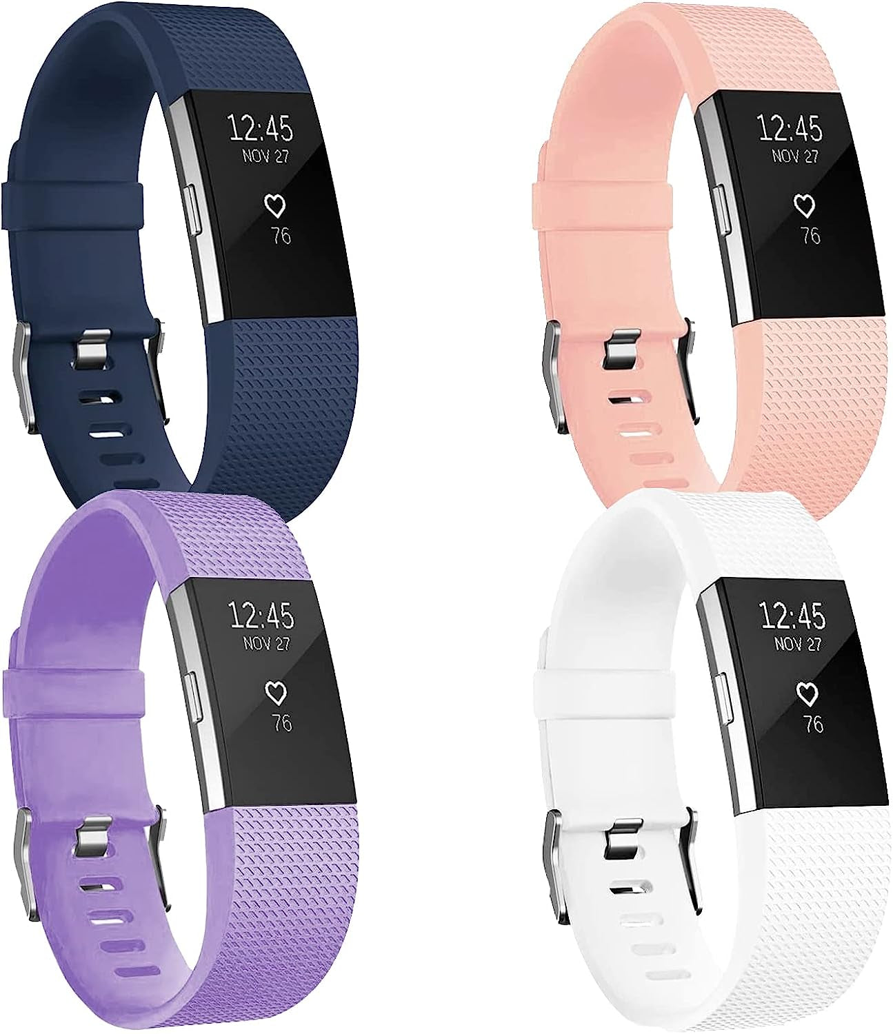 4 Pack Bands for Fitbit Charge 2,Silicone Fitness Sport Wristbands for Women Men Large(Black + Navy Blue + Dark Grey + Slate Blue)  SENGKOB White+Navy Blue+Light Purple+Light Pink Small 