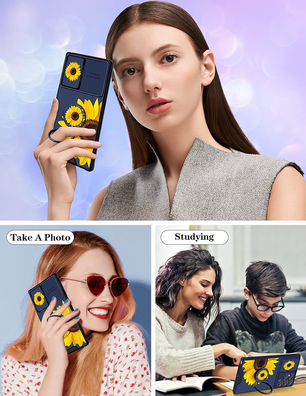 Goocrux (2In1 for Samsung Galaxy S22 Ultra Case Sunflower Floral for Women Girls Girly Phone Cover Cute Flowers Design with Slide Camera Cover+Ring Holder Unique Blue Cases for Galaxy S22 Ultra 6.8''  Goocrux   