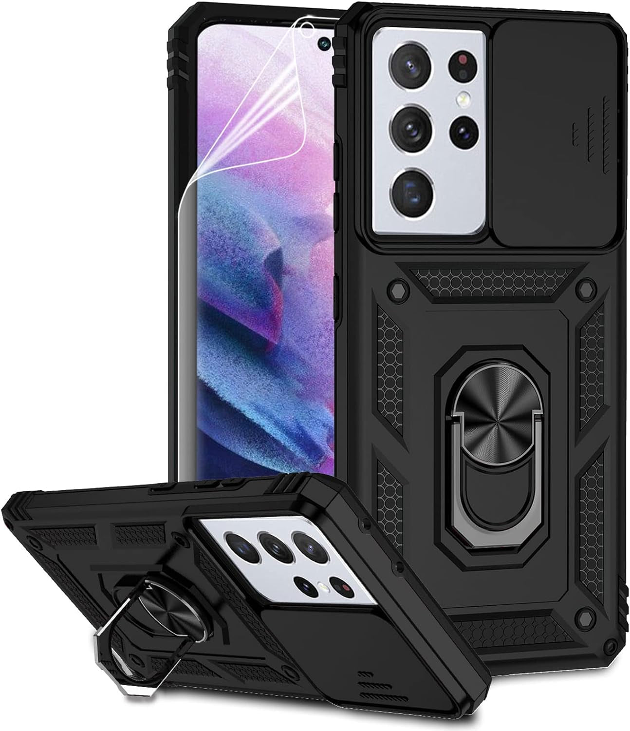 For Samsung Galaxy S21 Ultra Case with Camera Lens Cover HD Screen Protector, Military-Grade Drop Tested Magnetic Ring Holder Kickstand Protective Phone Case for Samsung Galaxy S21 Ultra 5G (Black)  JINZHI Inc   