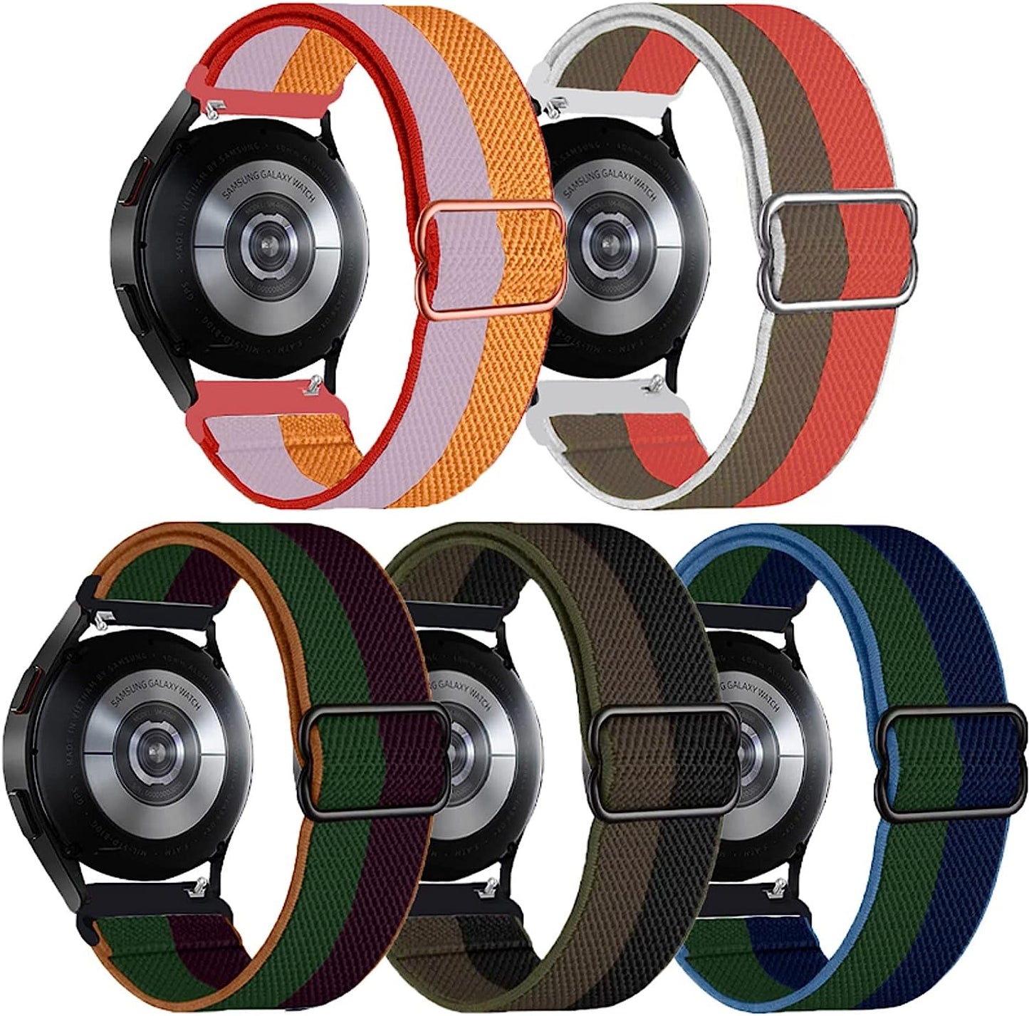 XRHWW 5 Pack 20Mm Stretchy Nylon Loop Watch Bands Compatible with Samsung Galaxy Watch Active 2 44Mm 40Mm/Active 40Mm/Galaxy Watch 3 41Mm/Galaxy Watch 42Mm/Galaxy Watch 4 44Mm 40Mm/Galaxy Watch 5 44Mm 40Mm/Pro 45Mm  XRHWW Pine Green+Moss Green+Tornado Gray+White Yellow+Wheaten Orange  