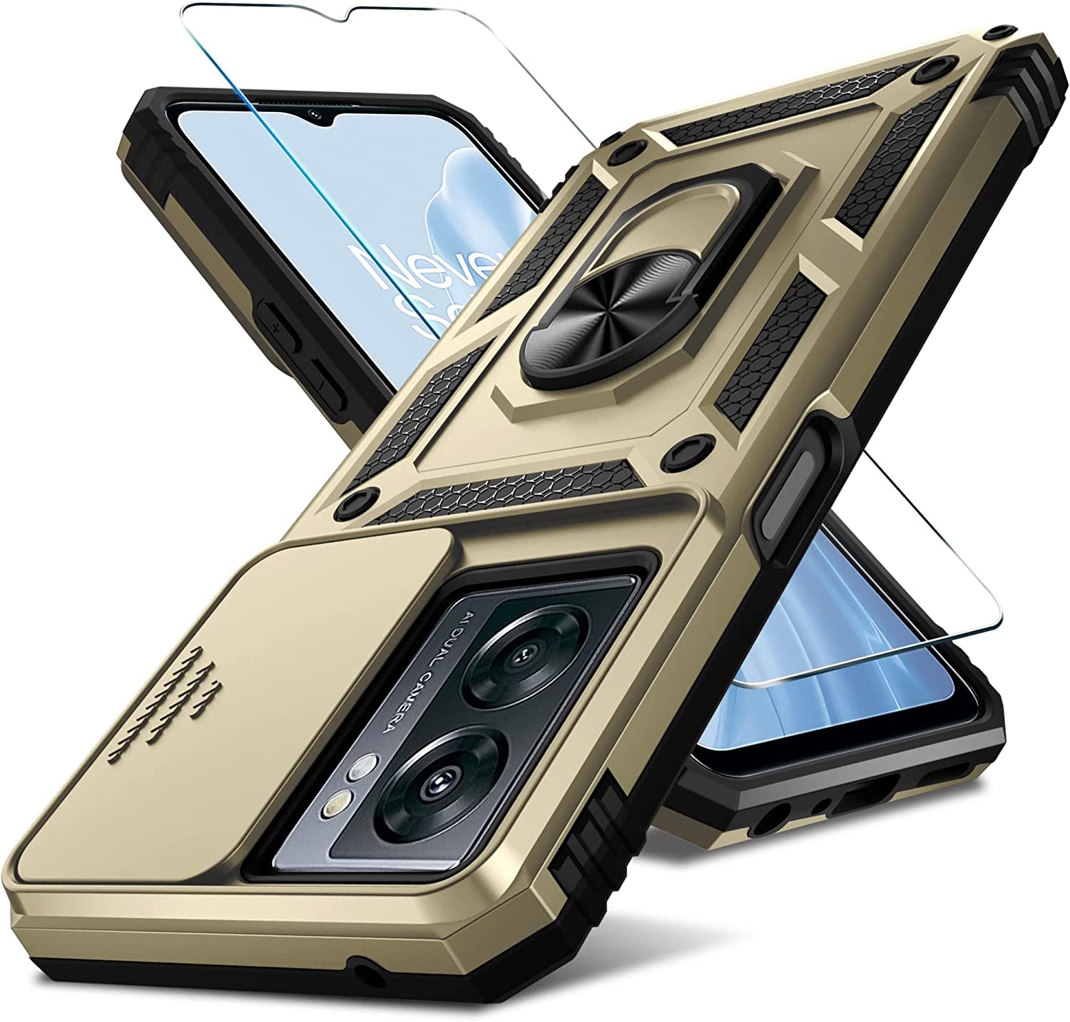 Janmitta Oneplus Nord N300 5G Case Built in Slide Camera Lens Cover and Screen Protector,Heavy Duty Shockproof Full Body Protective Phone Cover,Built in Finger Ring Stable Holder Kickstand,2022 Gold  Janmitta   