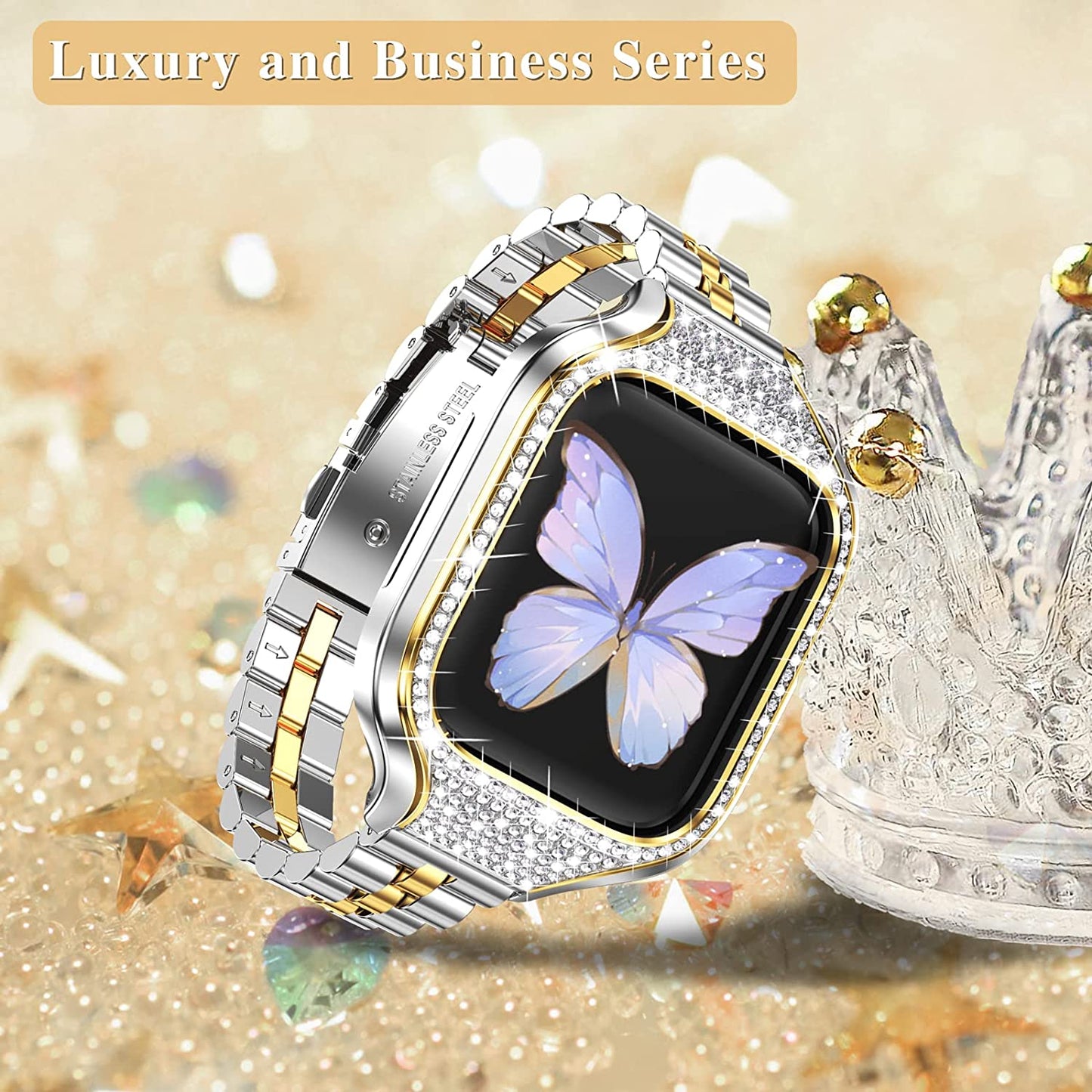 Miohhr Metal Case with Band Compatible with Apple Watch Band Series 8 7(41Mm),Series 6/5/4 (40Mm),Series 3/2/1 (38Mm),Slim Stainless Steel Strap with Bling Diamond Protective Bumper Cover for Iwatch Bands Women  MioHHR   