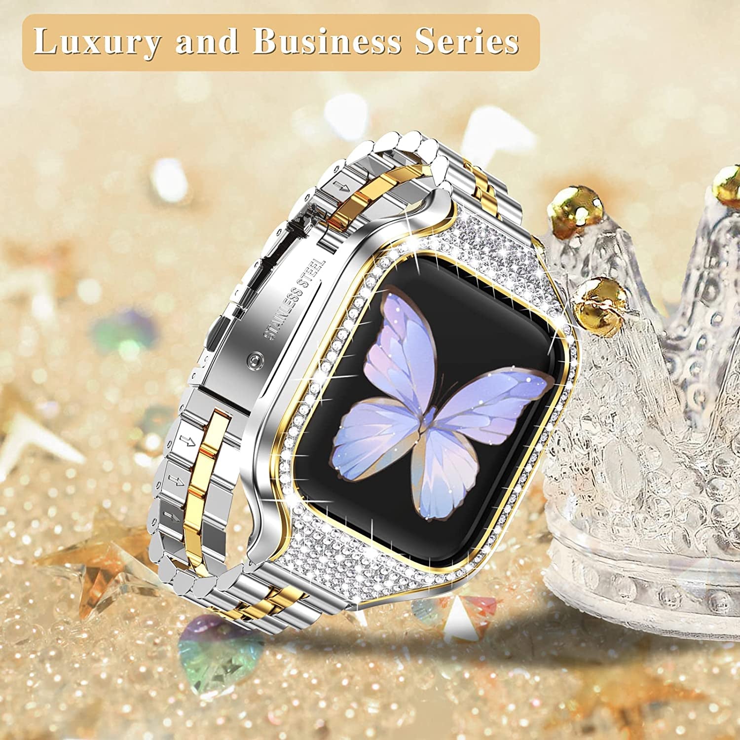 Miohhr Metal Case with Band Compatible with Apple Watch Band Series 8 7(41Mm),Series 6/5/4 (40Mm),Series 3/2/1 (38Mm),Slim Stainless Steel Strap with Bling Diamond Protective Bumper Cover for Iwatch Bands Women  MioHHR   