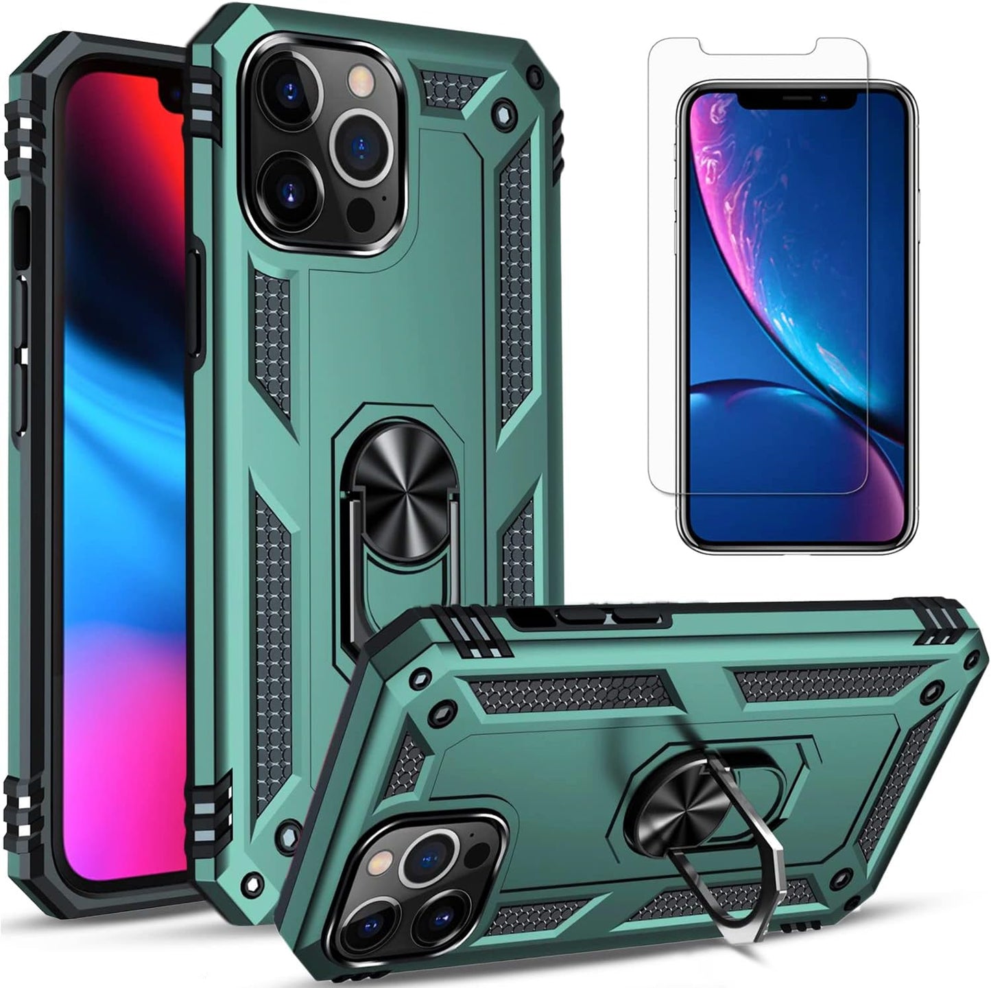 Iphone 12 Pro Max Phone Case, with [Tempered Glass Screen Protector Included] STARSHOP Military Grade Dual Layers Shockproof Drop Protective with Built-In 360° Rotate Metal Ring Kickstand - Black  STARSHOP Green Iphone 12 Pro Max 
