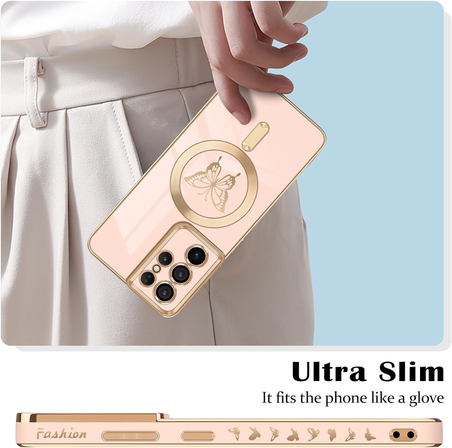 Newseego for Samsung Galaxy S21 Ultra 5G Magnetic Case, Cute Butterfly Plating Edge Case with Magsafe for Women Girls Men Soft TPU Bumper Shockproof Protective Cover for Samsung Galaxy S21 Ultra-Pink  Newseego   