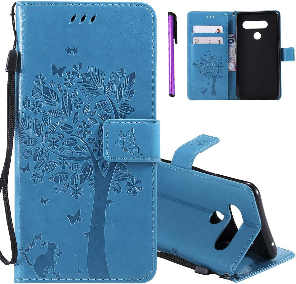 ISADENSER LG V40 Thinq Case LG V40 Flip Case for Women [Wallet Stand] as Case with Cards Slot Holder Cash Pockets Magnetic Closure PU Leather Wallet Case Cover for LG V40 Thinq Blue Cat Wish Tree  ISADENSER   