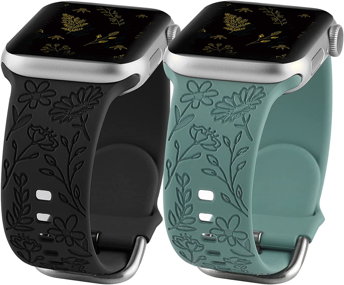 2 Pack Flower Engraved Sport Strap Compatible with Apple Watch Bands 38Mm 40Mm 41Mm, Women Floral Laser Soft Silicone Wristband Replacement Iwatch Series 8 7 6 5 4 3 2 1 SE  TERKOWQI Black Green 38/40/41mm 