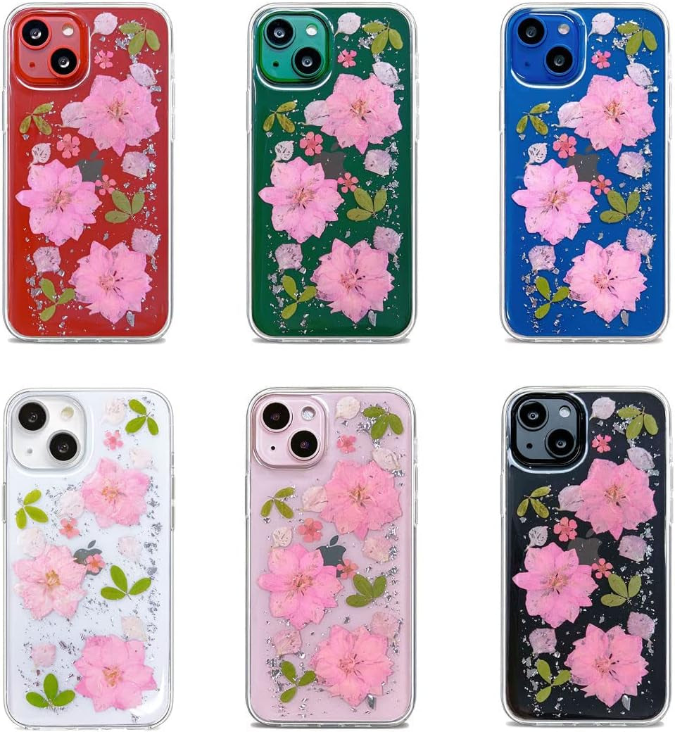Abbery Designed for Iphone 13 Pressed Flower Case, Cute Clear with Design Bling Glitter Sparkle Soft TPU Transparent Dried Real Flower Floral Aesthetic Case for Women Girls (3 Pink Flower)  Abbery   