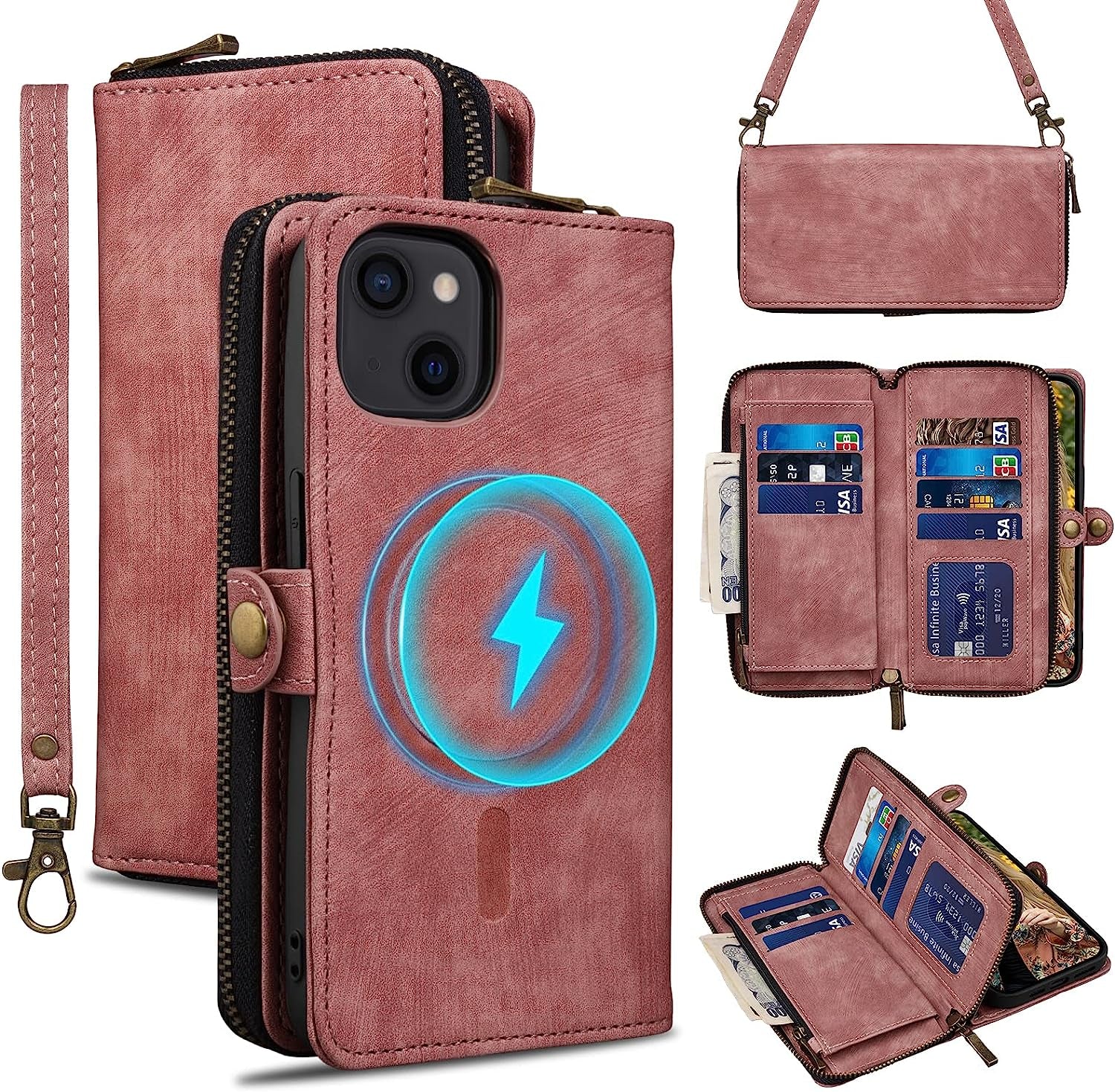 Rssviss for Iphone 12/12 Pro Case Wallet Cover for Women Men, 《RFID Blocking》《Magsafe》Credit Card Holder Leather Strap Zipper Wristlet Iphone 12 Pro Case with Magnetic Shockproof 6.1" Vintage Pink  Rssviss Vintage Pink 6,1 inch iPhone 13 