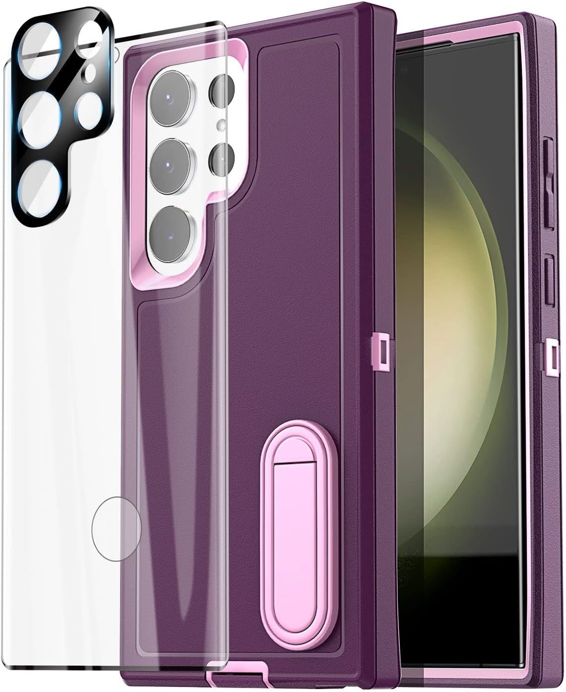 Aicase for Samsung Galaxy S23 Ultra Case,Heavy Duty Drop Protection Full Body Rugged Shockproof Military Protective Tough Durable Cover for Samsung Galaxy S23 Ultra 6.8"_Burgundy/Pink  AICase Night Purple/Pink With Glass Protector+Camera Lens  