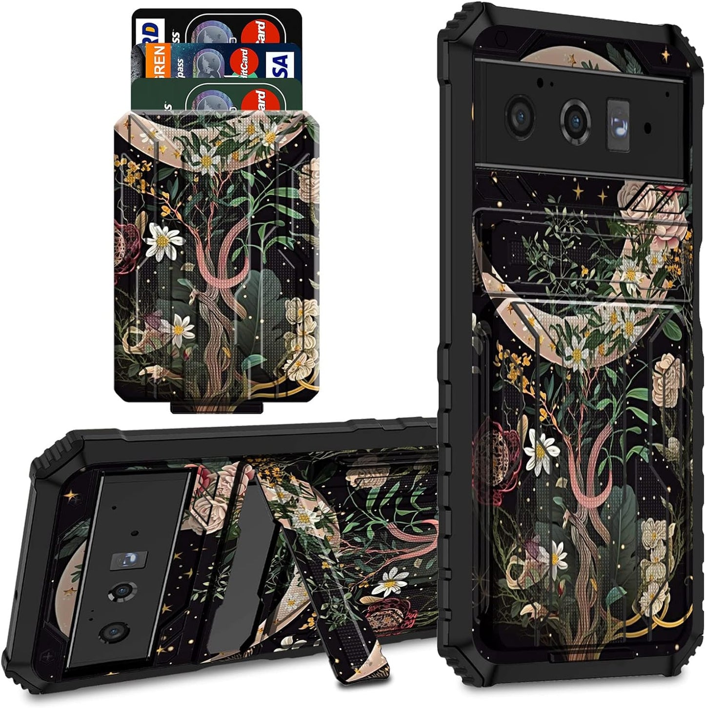 CGFGHHUY for Google Pixel 6 Pro Case for Pixel 6 Pro Wallet Case with Credit Card Holder & Kickstand Dual Layer Hard PC Soft TPU Protective Case for Google Pixel 6 Pro 6.7 Inch 2021 - Moth Moon Sun  CGFGHHUY Moon Floral Flower For Pixel 6 Pro 6.7 Inch 