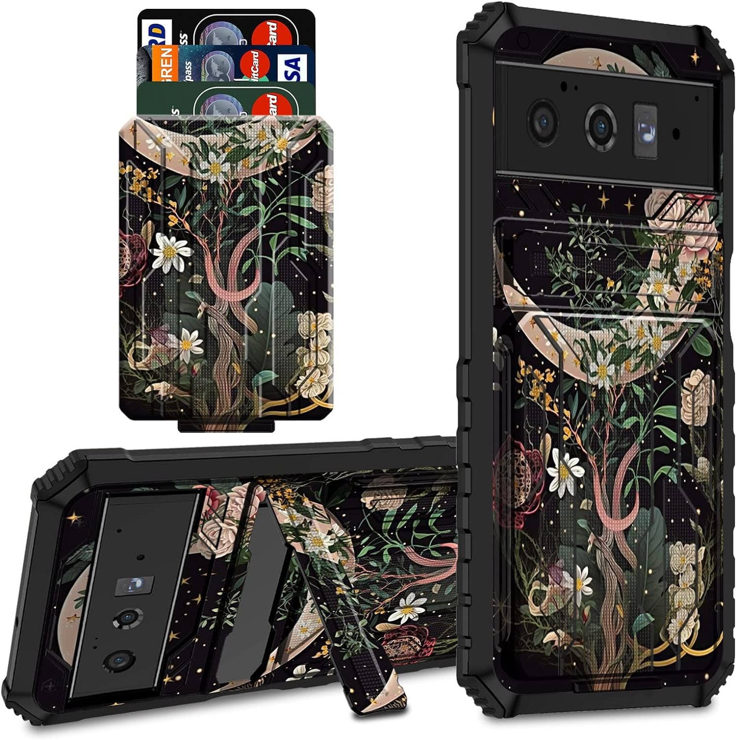 CGFGHHUY for Google Pixel 6 Pro Case for Pixel 6 Pro Wallet Case with Credit Card Holder & Kickstand Dual Layer Hard PC Soft TPU Protective Case for Google Pixel 6 Pro 6.7 Inch 2021 - Moth Moon Sun  CGFGHHUY Moon Floral Flower For Pixel 6 Pro 6.7 Inch 