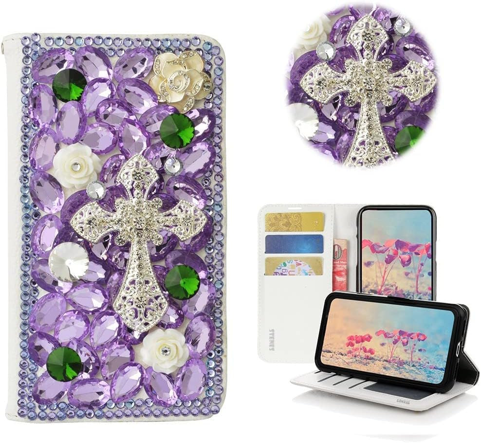STENES Bling Wallet Phone Case Compatible with LG V40 Thinq - Stylish - 3D Handmade Luxury Flowers Design Leather Cover with Neck Strap Lanyard [3 Pack] - Deep Purple  STENES Cross Flowers / Light Purple Design For Samsung Galaxy S23 Plus Case 