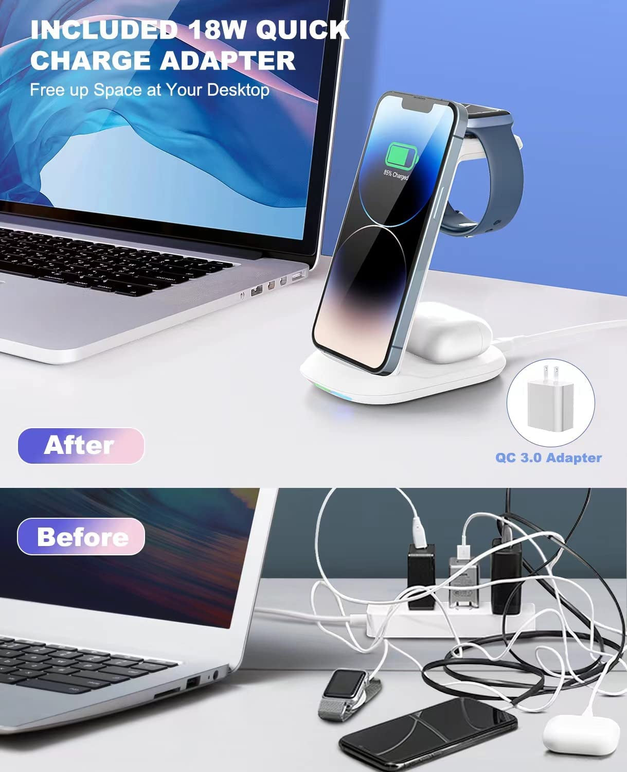 Wireless Charging Station,3 in 1 Fast Charger Stand Compatible with Iphone 14/13/12/11 Pro Max/X/Xs Max/8/8 Plus, Iwatch Series Ultra/8/7/6/5/Se/4/3/2, Airpods 3/2/Pro/Pro 2  Bifrost   