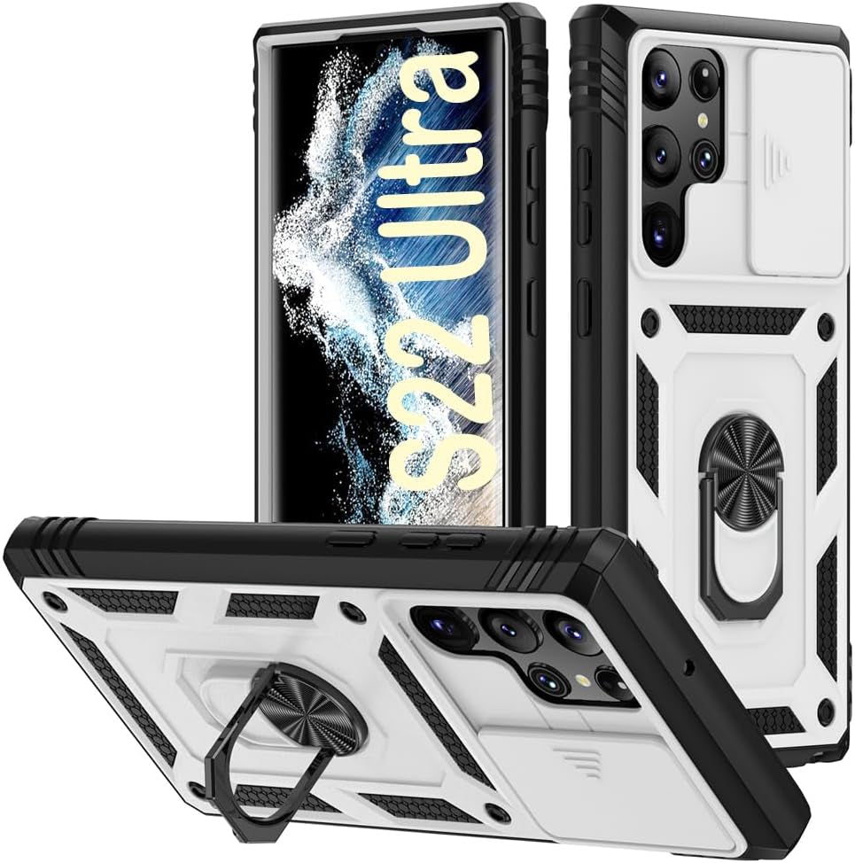 PASNEW for Samsung Galaxy S21 Ultra Case,Finger Ring Kickstand & Camera Cover Slide & Charge Port Dust Plug,Military Heavy Duty Full Body Shockproof Protective Hard Shell S21Ultra,6.8 Inch,Pink  PASNEW White Samsung Galaxy S22Ultra【6.8"】 