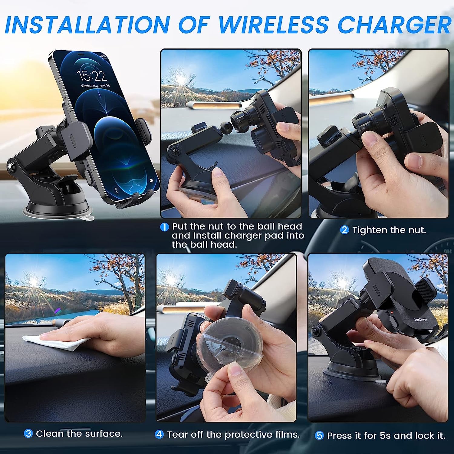 Wireless Car Charger, 15W Fast Charging Auto Clamping Car Charger Car Phone Holder Mount [Suction & Stable Hook] for Car Windshield Air Vent Universal Fit for Iphone Samsung Smartphones, Etc  Caymuller   