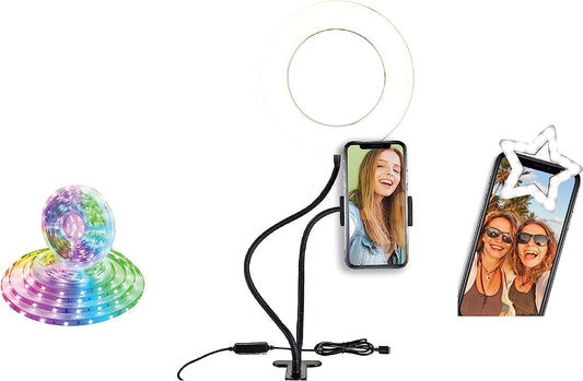 Social Media Video Recording Kit - Heavy Duty Phone Holder and Ring Light Stand, 6Ft LED Multi Color RGB Light Strip, Clip on Phone Selfie Light  Gabba Goods   