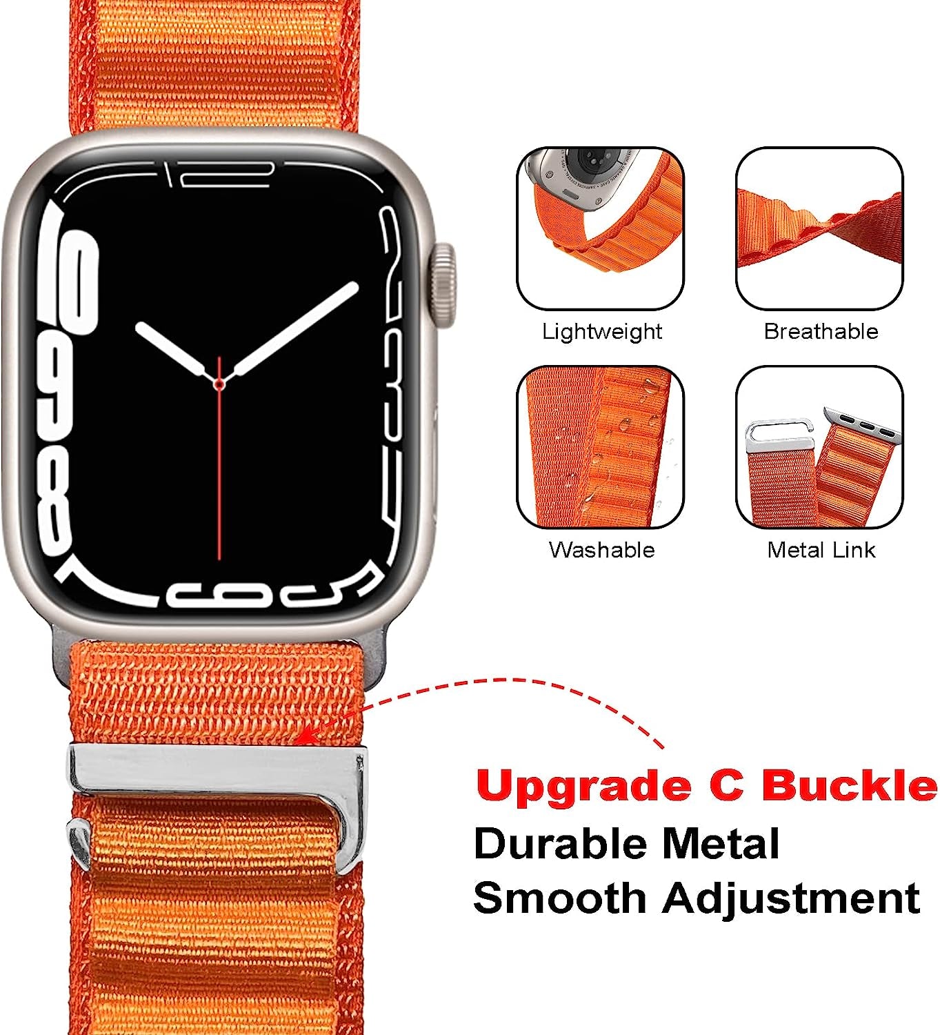 4 Pack Alpine Loop Nylon Band Compatible with Apple Watch Band 49Mm 45Mm 44Mm 42Mm Women Men,Adjustable Sport Metal C-Hook Strap for Iwatch Ultra Series SE 8/7/6/5/4/3/2/1,Black/Orange/Starlight/Green  AWYNJY   