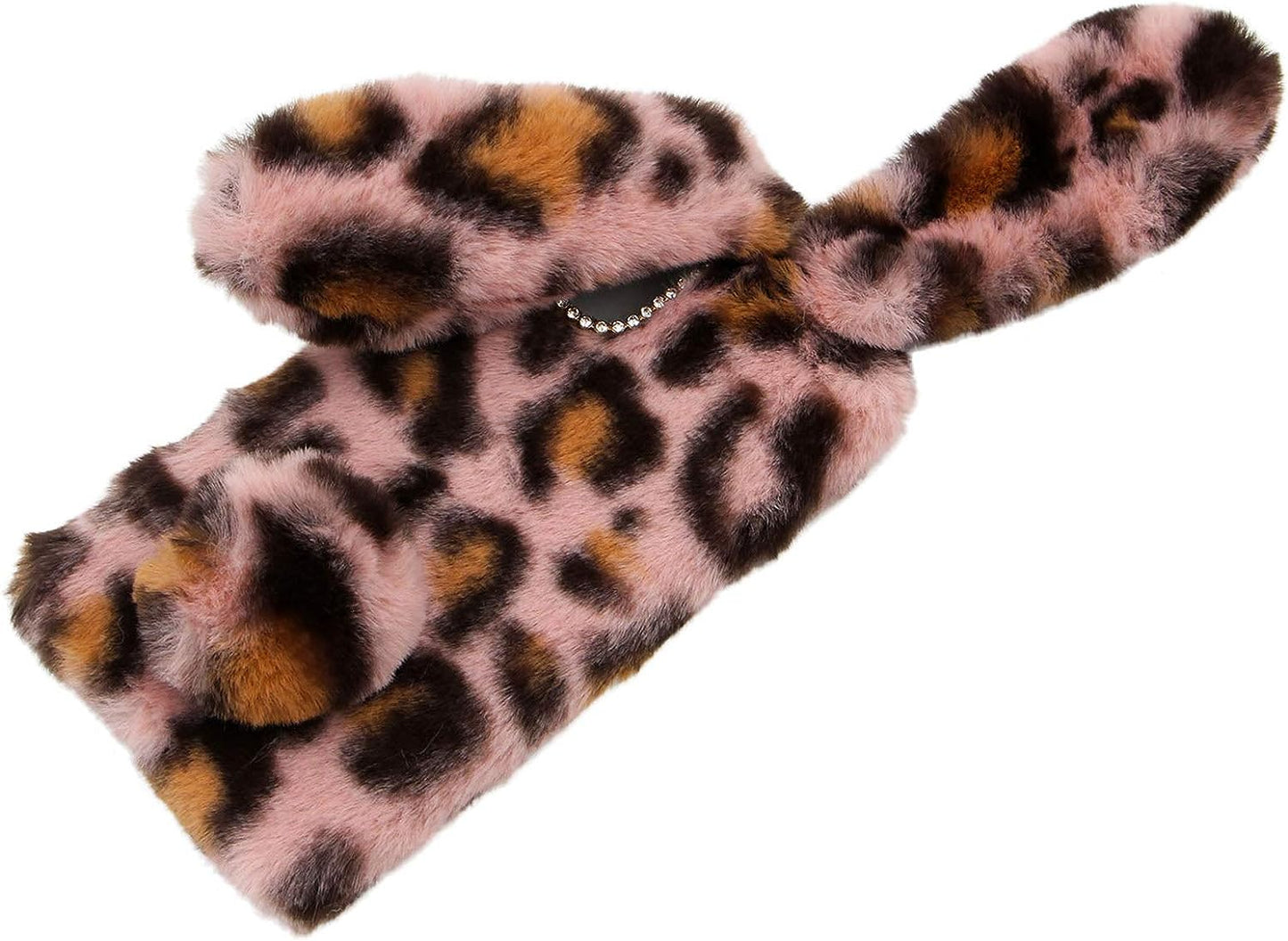 LCHDA Rabbit Case for Oneplus Nord N200 5G, Cute 3D Bunny Ears Soft Furry Hairball Fuzzy Warm Winter Faux Fur Plush Fluffy Flexible TPU Bumper Women Girls Protective Skin Cover - Leopard Pink  LCHDA   