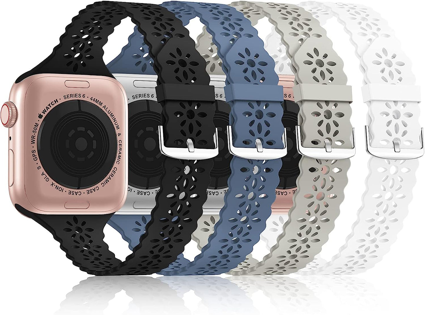 Bandiction 4 Pack Lace Silicone Bands Compatible with Apple Watch Band 38Mm 40Mm 41Mm 42Mm 44Mm 45Mm 49Mm, Women Slim Thin Hollow-Out Sport Wristband for Iwatch Series Ultra 8 SE 7 6 5 4 3 2 1  Bandiction Black/White/Stone/Alaskan Blue 42mm/44mm/45mm/49mm 