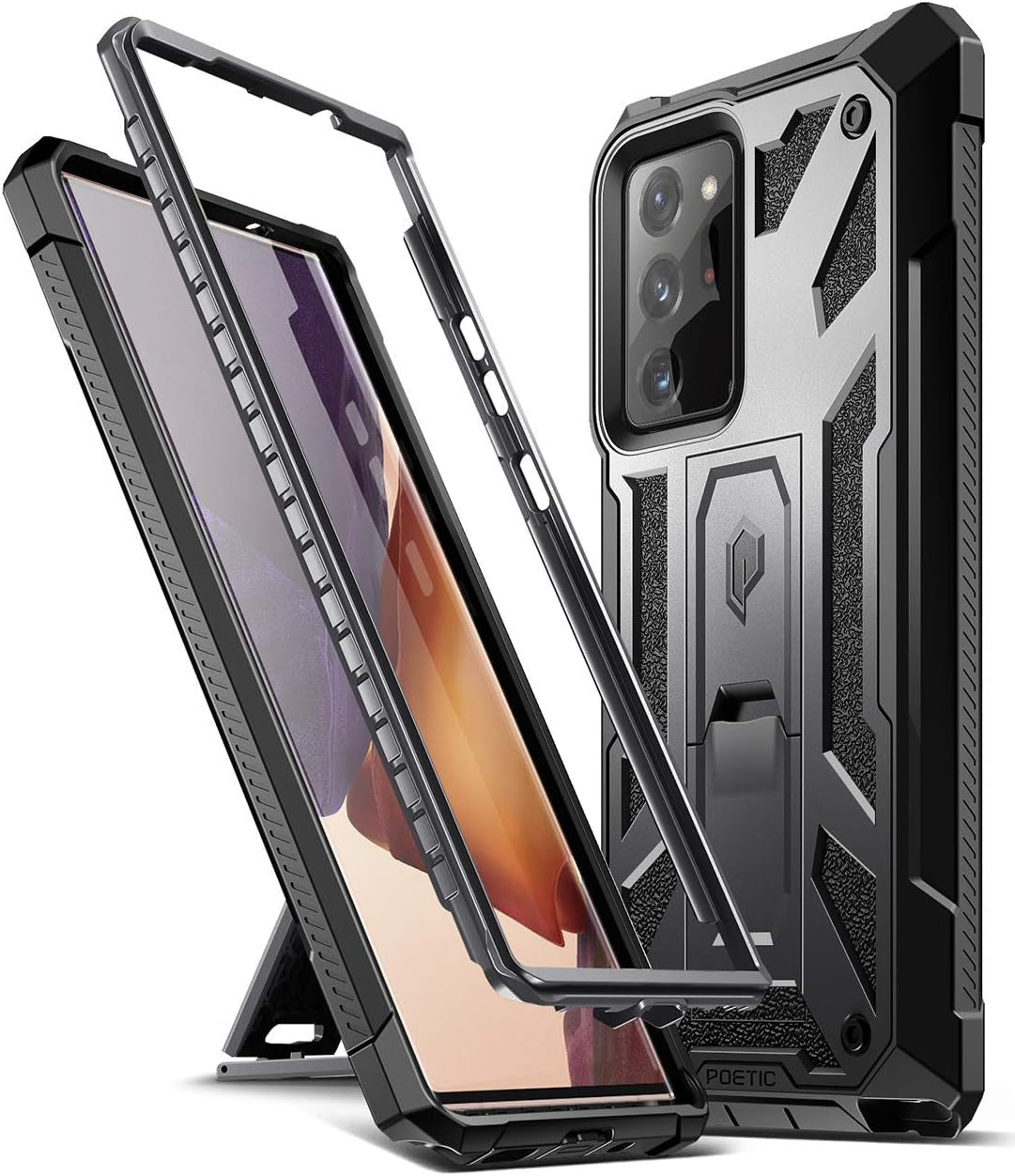 Poetic Spartan Series Designed for Galaxy Note 20 Ultra Case, Full-Body Rugged Dual-Layer Metallic Color Accent with Premium Leather Texture Shockproof Protective Cover with Kickstand, Gun Metal  Poetic   