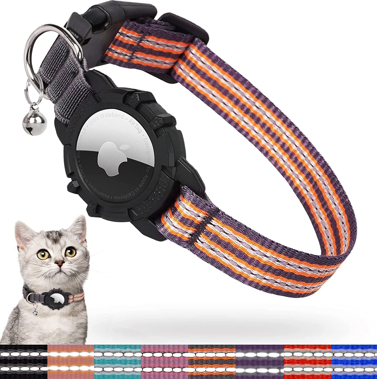 FEEYAR Airtag Cat Collar,Integrated Kitten Collar with Apple Airtag Holder, Reflective GPS Cat Collar with Bell[Pink], Lightweight Tracker Cat Collars for Girl Boy Cats, Kittens and Puppies  FEEYAR Orange 7-9 Inch 