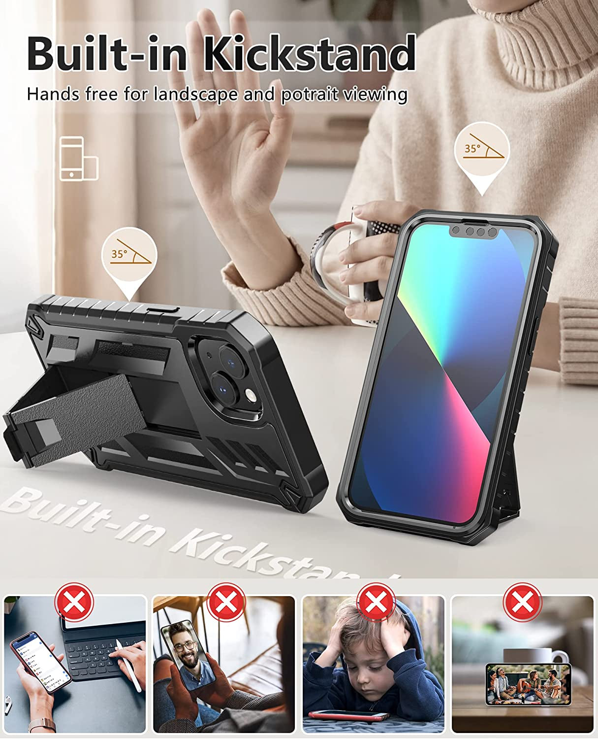 For Iphone 13 Case Protective Cover: Iphone 14 Case Heavy Duty Military Grade Hard Protection Shock Proof Grip | Durable Dual-Layer Design Iphone 13-14 Phone Case with Built-In Kickstand Black  DAMAI   