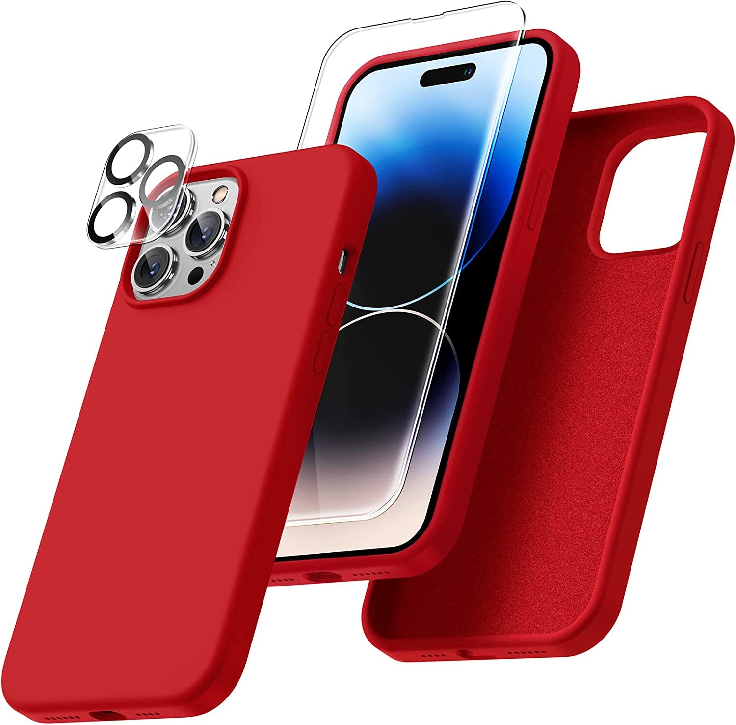 Uyiton [5 In1] Liquid Silicone Iphone 12 PRO Max Case, [Drop Protection] [Full Covered] Shockproof Slim Thin Cover with Microfiber Lining, with 2Xscreen Protector +2Xcamera Lens Protector-Green  Uyiton 14Pm-Red Iphone 14 Pro Max 