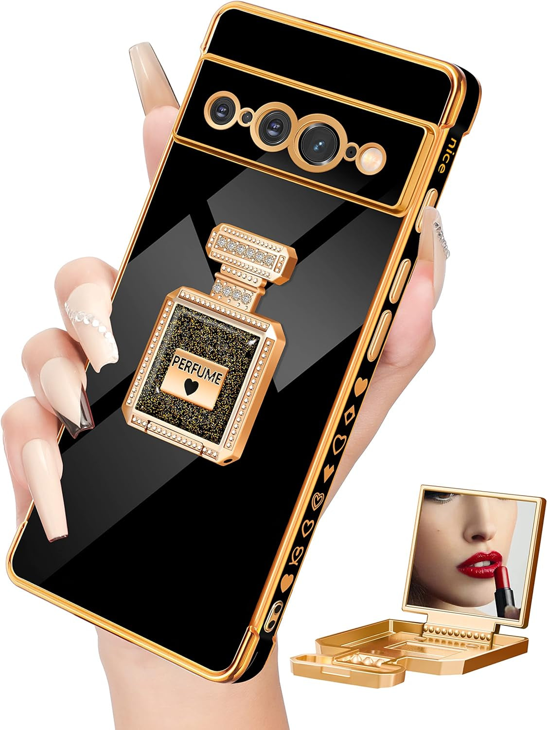 Buleens for Pixel 6 Pro Case with Metal Perfume Bottle Mirror Stand,Cute Women Girly Heart Cases for Google Pixel 6 Pro Case, Elegant Luxury Phone Cover for Pixel 6 Pro Phone Case 6.7''Sierra Blue  Buleens Black For Google Pixel 7 Pro 