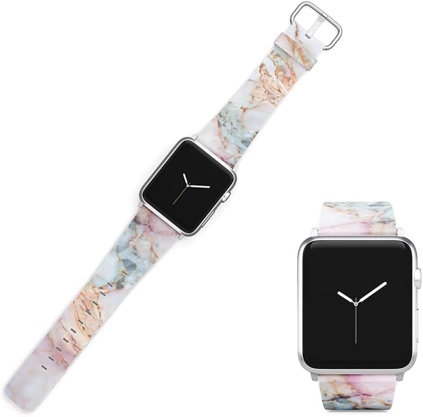 White Marble Replacement Band Compatible for Iwatch 42Mm/44Mm Pastel Bay Wrist Band PU Leather Strap Compatible for Apple Watch Smartwatch Series 8 7 6 5 4 3 2 1 SE Version  Pastel Bay Pink Marble 38mm/40mm 