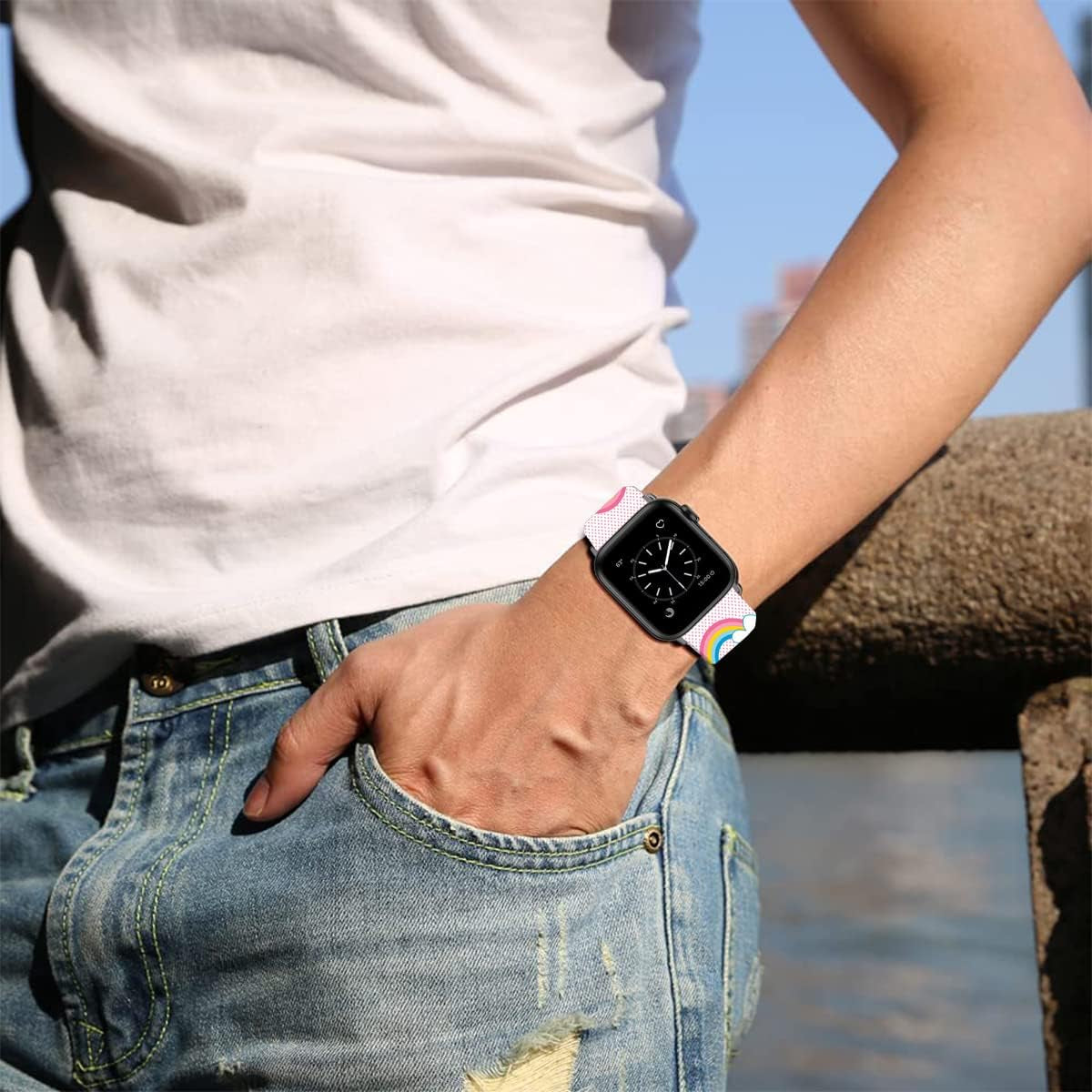 Sjiangqiao Compatible with Apple Watch Bands Stitch 42Mm 44Mm 45Mm/Ultra 49Mm Cute Cartoon Band Lovely Style Replacement Strap Soft Silicone Chic Cartoon Design Pattern Sports Bands for Iwatch Series SE 8 7 6 5 4 3 2 1 Men Women(Pink)  Sjiangqiao   