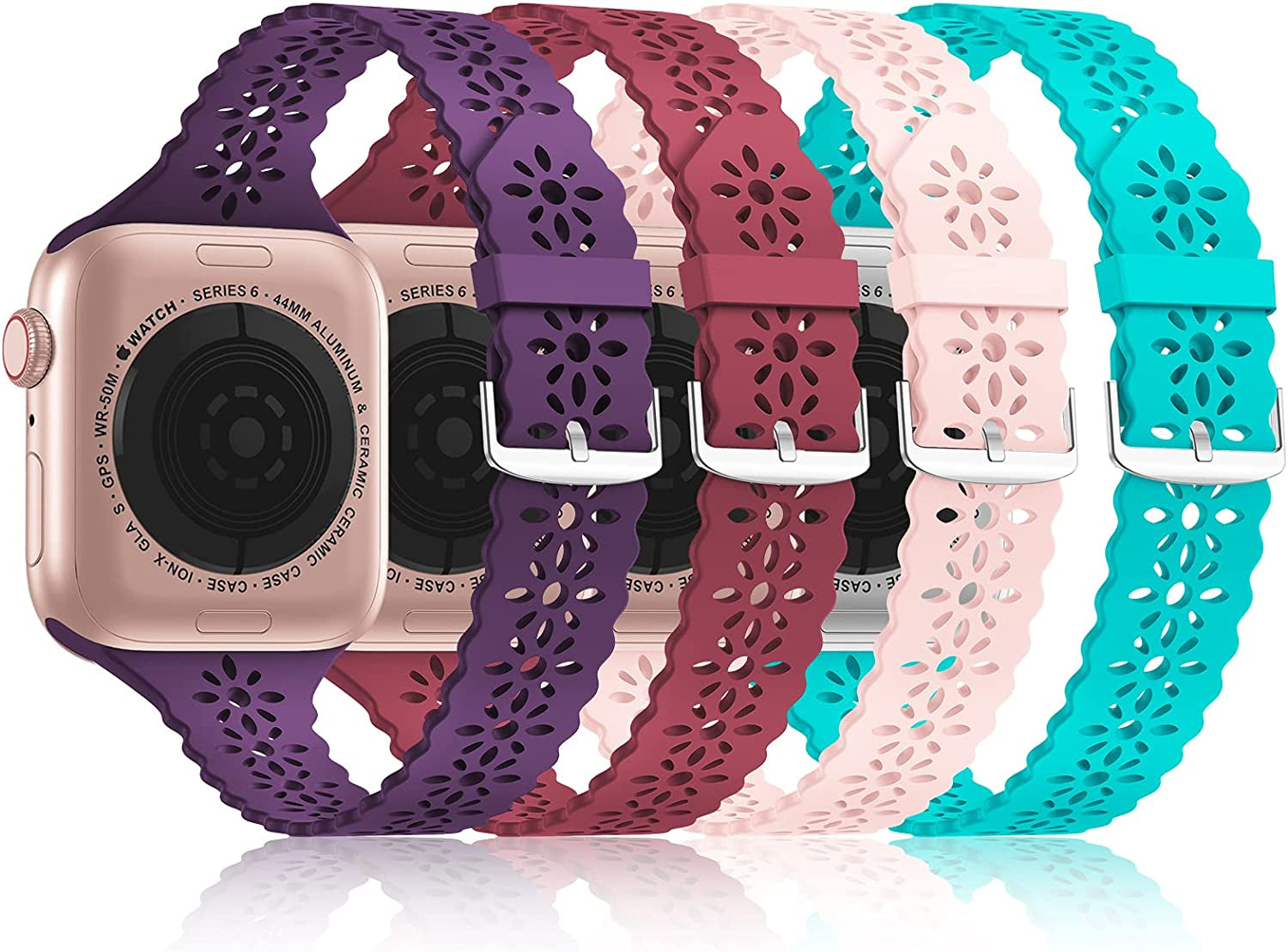 Bandiction 4 Pack Lace Silicone Bands Compatible with Apple Watch Band 38Mm 40Mm 41Mm 42Mm 44Mm 45Mm 49Mm, Women Slim Thin Hollow-Out Sport Wristband for Iwatch Series Ultra 8 SE 7 6 5 4 3 2 1  Bandiction Burgundy/Dark Purple/Teal/Sand Pink 42mm/44mm/45mm/49mm 