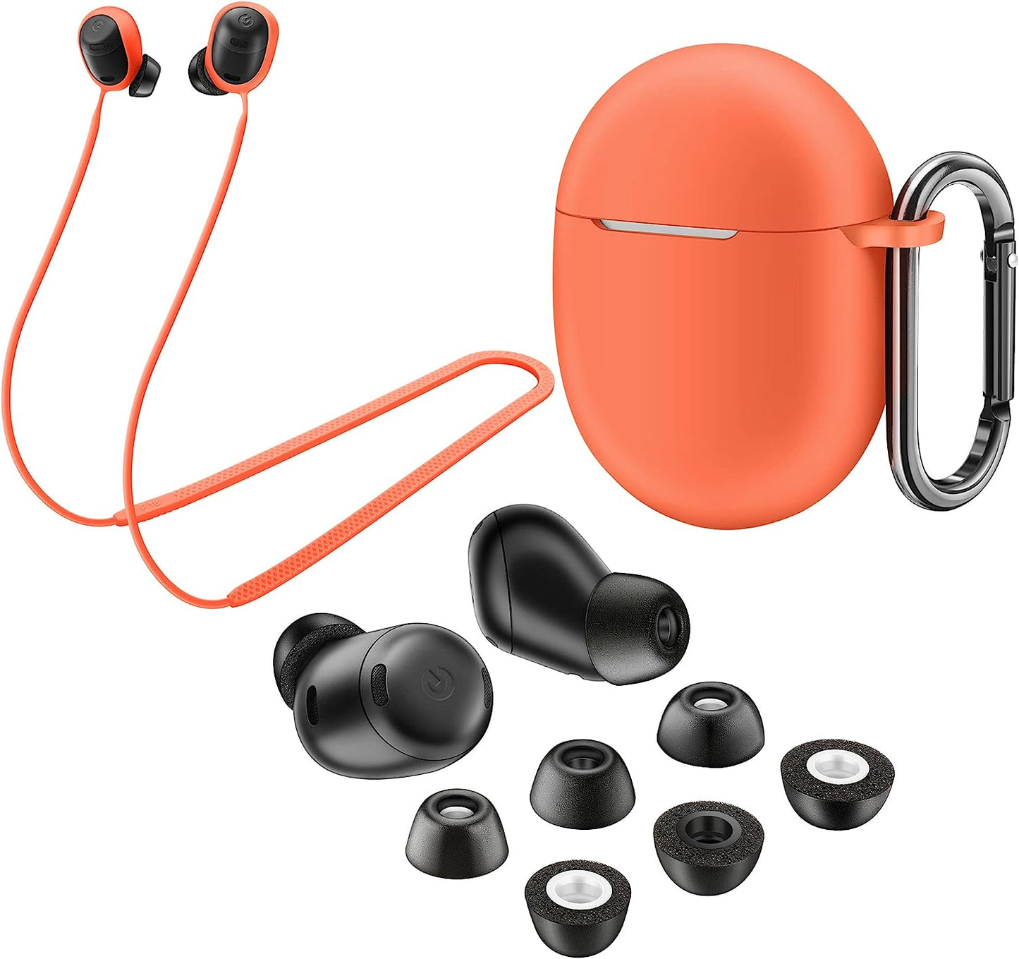 AHBTEYM for Google Pixel Buds Pro Case,Anti-Lost Strap,Silicone Cover with Keychain,Sports Lanyard for Women Men Girl Boy for Google Pixel Buds Pro 2022 (Lemongrass Case+Lemongrass Strap)  AHBTEYM Coral Orange Case+Orange Strap+Black Eartip  