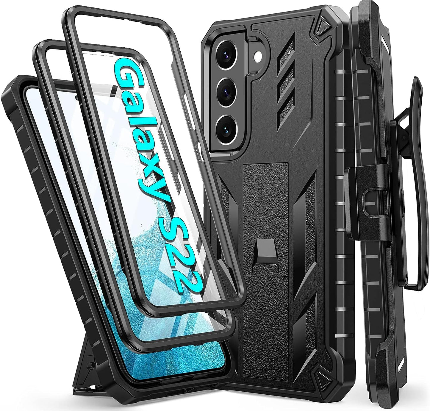 FNTCASE for Samsung Galaxy S22 Protective Case: Military Grade Protection Rugged Anti-Drop Case with Belt-Clip Holster & Kickstand - Full Shockproof Sturdy Durable Bumper Textured Cell Phone Cover  FNTCASE Black  