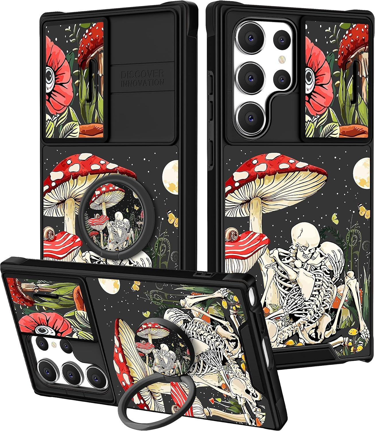 Funermei (2In1 for Samsung Galaxy S22 Ultra Case for Women Cute Cats Girls Animals Phone Cover Kawaii Girly Blue Pretty Design with Camera Cover+ Ring Stand Funda for Galaxy S22 Ultra Case 5G  Funermei 3-For S22 Ultra-Mushroom Skull  