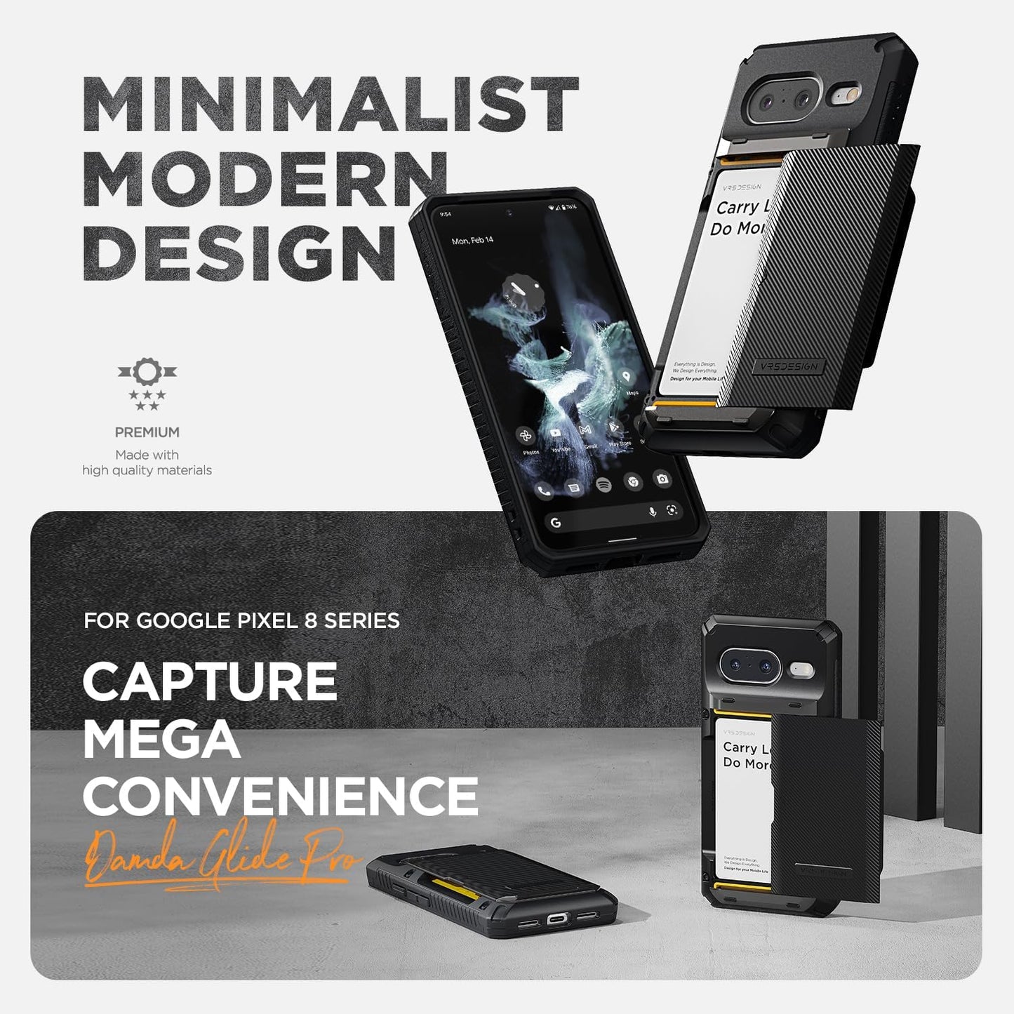 VRS DESIGN Damda Glide Pro Wallet Phone Case for Pixel 8, Sturdy Semi Auto Card Holder Wallet [4 Cards] Case Compatible for Pixel 8 Case (2023) Matte Black  VRS DESIGN   