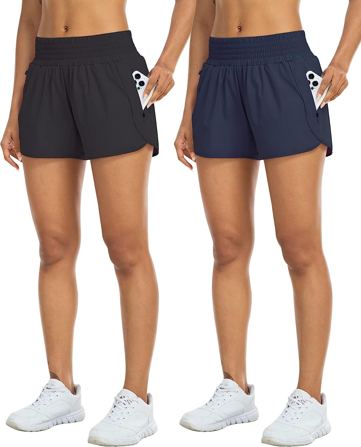 YEZII Athletic Shorts for Women with Pockets High Waist Running Workout Shorts Gym Yoga White Summer Shorts  YEZII 2 Packs-black/Navy X-Large 