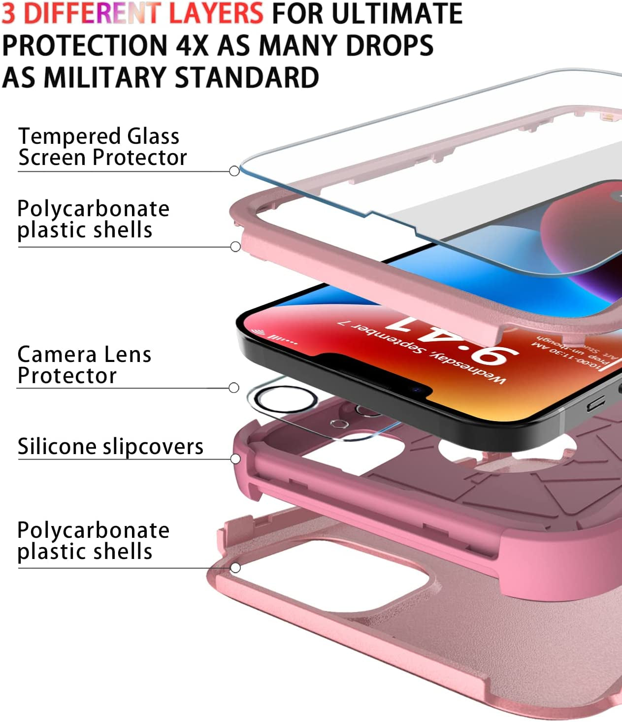 Diverbox for Iphone 14 Case [Shockproof] [Dropproof] [Tempered Glass Screen + Camera Lens Protector],Heavy Duty Protection Phone Case Cover for Apple Iphone 14 (Pink)  Diverbox   