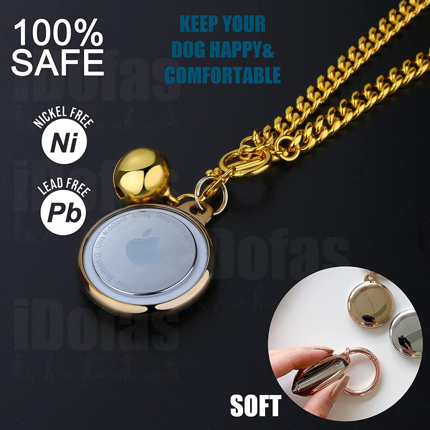 Idofas Airtag Dog Collar Holder Dog Airtag Holder Cuban Link Dog Chain 6Mm Gold Dog Chain with Bell,Dog Tag & Airtag Dog Collar Holder Stainless Steel Metal Necklace for Puppy Small Medium Dogs(12")  iDofas   